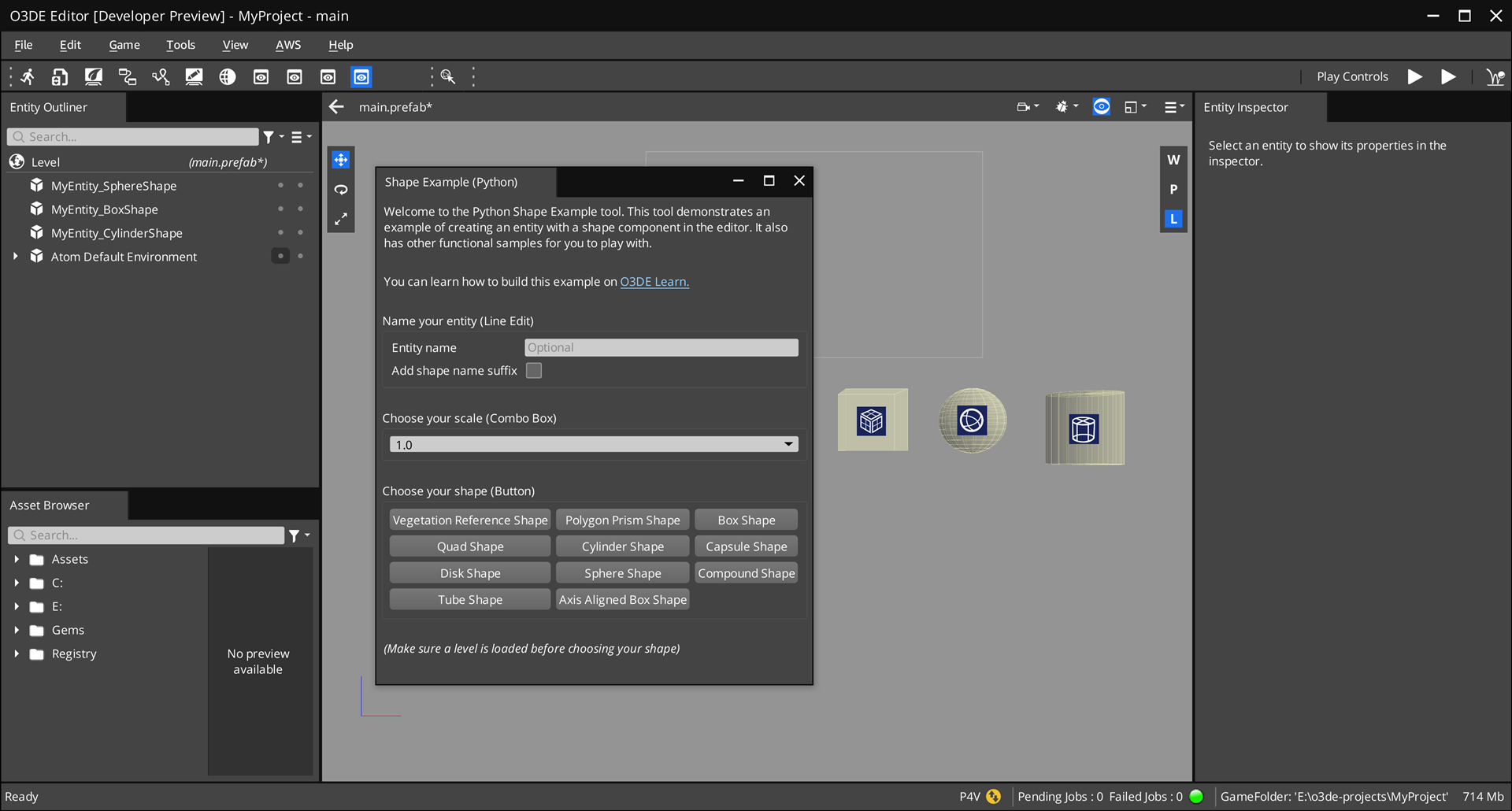 An image of the Shape Example tool and some entities created by it.