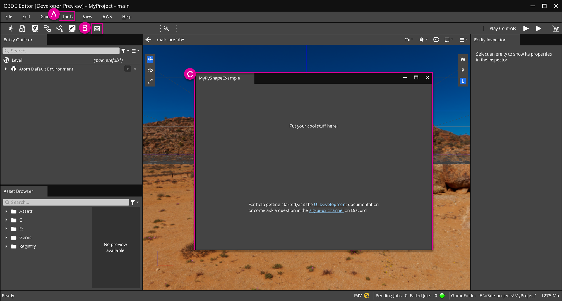 Editor with a tool created using the PythonToolGem template.