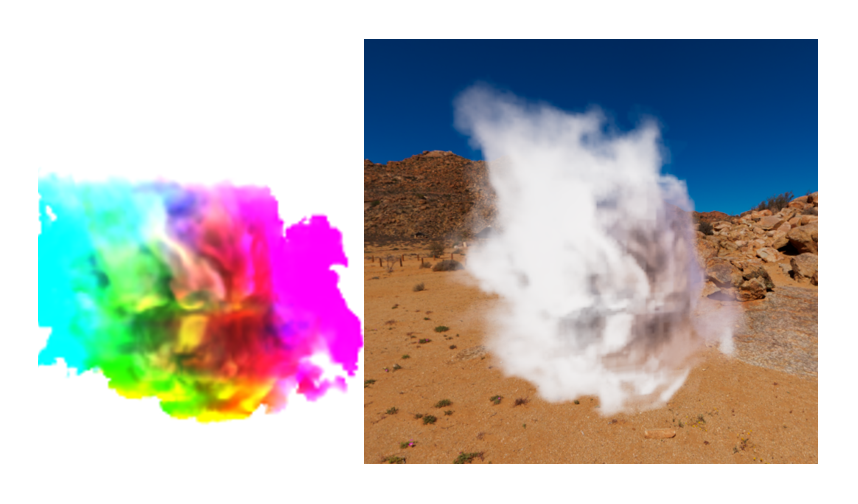 Picture of a frame of a light map on the left with a picture of the cloud on right with lighting coming from the left.
